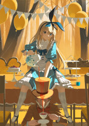 Rule 34 | 1boy, 1girl, alice (alice in wonderland), alice in wonderland, balloon, black footwear, black hairband, blonde hair, blue dress, blue eyes, blue hairband, blue ribbon, brown jacket, cake, chair, commentary, cup, dress, english commentary, facing viewer, food, frilled dress, frills, full body, hair between eyes, hairband, hand up, hands up, hat, heterochromia, highres, holding, holding cup, holding plate, holding teapot, jacket, kneehighs, loafers, long hair, long nose, long sleeves, looking at another, mad hatter (alice in wonderland), neck ribbon, on table, open mouth, outdoors, pinafore dress, plate, pouring, pouring onto another, puffy short sleeves, puffy sleeves, red ribbon, ribbon, shoes, short sleeves, sitting, sleeveless dress, socks, table, tea party, teapot, top hat, tree, wakuseiy, white socks, wrist cuffs, yellow eyes