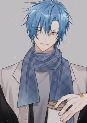 Rule 34 | 1boy, absurdres, bandaid, bandaid on hand, blue hair, blue scarf, closed mouth, coffee cup, collared jacket, cup, disposable cup, green eyes, grey background, grey jacket, grey shirt, hair between eyes, head tilt, highres, holding, holding cup, holostars, holostars english, jacket, looking to the side, male focus, moyyyya, multicolored clothes, multicolored jacket, open clothes, open jacket, parted bangs, regis altare, scarf, shirt, snow, snowing, solo, turtleneck, upper body, virtual youtuber, winter clothes
