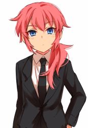 Rule 34 | 1girl, black jacket, black necktie, blue eyes, character request, closed mouth, collared shirt, copyright request, formal, hair between eyes, hair over shoulder, hand on own hip, highres, jacket, long sleeves, looking at viewer, male focus, necktie, pink hair, sekina, shirt, side ponytail, simple background, solo, standing, suit, upper body, white background, white shirt, wing collar