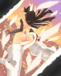 Rule 34 | 1girl, anabuki tomoko, animal ears, ass, black hair, blue eyes, breasts, convenient censoring, elbow gloves, flying, fox ears, fox tail, gloves, highres, long hair, looking at viewer, looking back, nameshikawa, nipples, nude, open mouth, small breasts, solo, strike witches, strike witches: suomus misfits squadron, striker unit, tail, torn clothes, world witches series