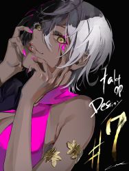Rule 34 | 1girl, black background, breasts, cleavage, cleavage cutout, clothing cutout, copyright name, dark-skinned female, dark skin, episode number, eyeshadow, grey hair, hands on own face, highres, jigoku (takt op. destiny), lam (ramdayo), large breasts, looking at viewer, makeup, nail polish, pants, parted lips, pink eyeshadow, pink nails, short hair, signature, sitting, solo, takt op., teeth, thighs, upper body, yellow eyes