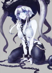 Rule 34 | 10s, 1girl, abyssal ship, aqua eyes, arm support, ball and chain restraint, bare shoulders, bdsm, bodysuit, bondage, bound, breasts, chain, collar, colored skin, cuffs, covered erect nipples, grey background, hat, kantai collection, kuzu (miduhana), large breasts, looking at viewer, shackles, short hair with long locks, sitting, slave, solo, tears, v arms, wariza, white hair, white skin, wo-class aircraft carrier
