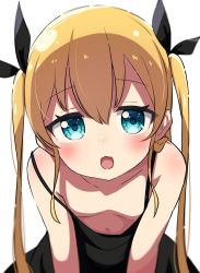Rule 34 | 1girl, :d, bare arms, bare shoulders, bent over, black dress, black ribbon, blonde hair, blue eyes, blush, breasts, collarbone, commentary request, downblouse, dress, extended downblouse, hair between eyes, hair ribbon, highres, leaning forward, long hair, navel, no bra, okota mikan, open mouth, original, ribbon, simple background, sleeveless, sleeveless dress, small breasts, smile, solo, twintails, very long hair, white background