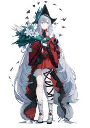 Rule 34 | 1girl, absurdly long hair, angelfish, aqua gloves, aqua headwear, arknights, ascot, black ascot, boots, bouquet, closed mouth, clothing cutout, detached sleeves, dress, fish, flower, frilled sleeves, frills, full body, gloves, grey hair, gumiaoandpeace, highres, holding, holding bouquet, id card, leg ribbon, long hair, navel cutout, pointy hat, red dress, red sleeves, ribbon, simple background, skadi (arknights), skadi the corrupting heart (arknights), solo, very long hair, white background, white flower, white footwear, wide sleeves