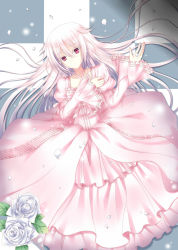 Rule 34 | 00s, 1girl, dress, flower, highres, lying, pandora hearts, peach-rozen, petals, red eyes, rose, silver hair, solo, will of the abyss