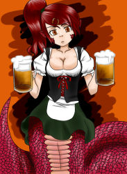Rule 34 | 10s, 1girl, alternate hairstyle, apron, barmaid, beer mug, breasts, cleavage, corset, cup, dirndl, german clothes, hair ornament, hairclip, lamia, large breasts, long hair, miia (monster musume), monster girl, monster musume no iru nichijou, mug, neko leonart, oktoberfest, pointy ears, red eyes, red hair, scales, side ponytail, skirt, slit pupils, snake tail, solo, tail, traditional clothes, underbust