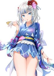 Rule 34 | 1girl, :o, absurdres, alternate costume, alternate hair ornament, arm at side, blue eyes, blue hair, blue kimono, blunt bangs, bracelet, breasts, cowboy shot, fins, fish tail, floral print, flower, food, gawr gura, grey hair, hair flower, hair ornament, hand up, highres, holding, holding food, hololive, hololive english, japanese clothes, jewelry, kayjae, kimono, long sleeves, looking at viewer, multicolored hair, obi, open mouth, pink flower, red flower, ring, sash, shark girl, shark tail, short kimono, simple background, small breasts, solo, tail, teeth, two side up, virtual youtuber, white background, wide sleeves, yukata