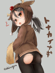 1girl ^^^ akino_shuu animal_hood antlers ass black_hair black_pantyhose blush brown_eyes commentary_request fake_horns from_behind from_below grey_background grey_ribbon hair_ornament hair_ribbon hairclip hood hood_up hoodie horns inagi_(kancolle) inagi_kai_ni_(christmas_mode)_(kancolle) kantai_collection long_hair looking_at_viewer looking_back looking_down low_twintails open_mouth pantyhose red_nose reindeer_antlers reindeer_hood ribbon simple_background solo sweat torn_clothes torn_pantyhose translation_request twintails twitter_username