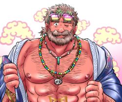 Rule 34 | 1boy, bara, bare pectorals, bead necklace, beads, bear necklace, beard, chain, chain necklace, chest hair, dark-skinned male, dark skin, eyewear on head, facial hair, grey hair, hairy, japanese clothes, jewelry, judi (housamo), kimono, large pectorals, looking at viewer, male focus, mature male, muscular, muscular male, mustache, necklace, old, old man, one eye closed, open clothes, open kimono, pectorals, pikako182, pink-framed eyewear, solo, sunglasses, thick eyebrows, tokyo houkago summoners, undressing, wrinkled skin