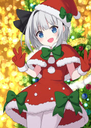 Rule 34 | 1girl, alternate costume, bauble, black hairband, black ribbon, blue eyes, blunt bangs, blurry, blurry background, blush, bow, bowtie, capelet, christmas, christmas lights, christmas ornaments, christmas tree, commentary, cowboy shot, double v, dress, dress bow, dutch angle, fur-trimmed capelet, fur-trimmed dress, fur-trimmed gloves, fur-trimmed headwear, fur trim, gloves, green bow, green bowtie, grey hair, hair ribbon, hairband, hands up, hat, hat bow, konpaku youmu, lights, looking at viewer, open mouth, pantyhose, pine tree, pom pom (clothes), red capelet, red dress, red gloves, red headwear, ribbon, santa costume, santa hat, short hair, sidelocks, smile, solo, suzuno naru, tinsel, touhou, tree, v, white pantyhose