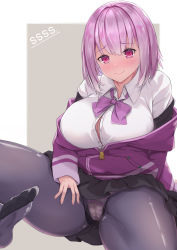 Rule 34 | 1girl, absurdres, black pantyhose, black skirt, blush, bow, bowtie, breasts, bursting breasts, cameltoe, cleavage, closed mouth, collared shirt, commentary request, gridman universe, hair between eyes, highres, jacket, kusana (dudqja602), large breasts, light purple hair, lips, looking at viewer, panties, pantyhose, pantyshot, pink eyes, purple bow, purple bowtie, purple eyes, purple hair, purple jacket, school uniform, shinjou akane, shirt, short hair, simple background, skirt, sleeves past wrists, smile, soles, solo, spread legs, ssss.gridman, striped clothes, striped panties, thighs, toes, underwear, white background, white shirt