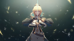 Rule 34 | 1girl, absurdres, black bow, black capelet, black gloves, blonde hair, blue eyes, bow, breasts, capelet, closed mouth, cowboy shot, dandelion seed, genshin impact, gloves, hair between eyes, hair bow, high ponytail, highres, holding, holding sword, holding weapon, jean (genshin impact), large breasts, long hair, long sleeves, looking at viewer, pants, solo, standing, sword, tang-du, weapon, white pants