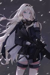 Rule 34 | 1girl, an-94, an-94 (girls&#039; frontline), assault rifle, black gloves, blonde hair, blue eyes, breasts, cloak, closed mouth, cowboy shot, floating hair, gas mask, girls&#039; frontline, gloves, grey background, gun, hairband, highres, holding, holding gun, holding weapon, jacket, long hair, long sleeves, looking at viewer, mask, medium breasts, qb 516, rifle, sidelocks, snow, snowing, solo, thigh strap, tsurime, very long hair, weapon, wind