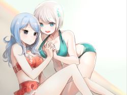 Rule 34 | 2girls, aqua eyes, bare arms, bare shoulders, bikini, blue bikini, blue eyes, blue hair, blush, bra, breasts, cleavage, closed mouth, collarbone, facing another, facing viewer, fairy tail, hair ornament, hairclip, halterneck, hand up, happy, holding hands, interlocked fingers, juvia lockser, large breasts, lisanna strauss, long hair, looking at viewer, midriff, multiple girls, ng (kimjae737), open mouth, panties, short hair, silver hair, sitting, skirt, smile, strapless, swept bangs, swimsuit, teeth, tongue, tube top, underwear, yuri