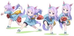 Rule 34 | 1girl, absurdres, aged down, animal ears, bag, ball, baseball, baseball glove, black shorts, blue dress, bow, braid, child, clenched teeth, closed mouth, dress, ear bow, grey footwear, highres, holding, holding ball, horse ears, horse girl, horse tail, long hair, long sleeves, mejiro mcqueen (umamusume), multiple views, name tag, nishiki kazue, open mouth, purple eyes, purple hair, sequential, shoes, shorts, shoulder bag, simple background, socks, standing, standing on one leg, tail, teeth, umamusume, v-shaped eyebrows, white background, white socks