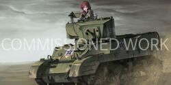 Rule 34 | 1girl, braid, browning m1919, cloud, cloudy sky, commission, dust, dust cloud, emblem, girls und panzer, gloves, highres, m5 stuart, open mouth, original, saunders (emblem), serious, sky, solo, useless (gss44344)