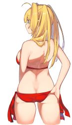 Rule 34 | 1girl, animal ears, ass, back, bare arms, bare back, bare shoulders, bikini, blonde hair, blush, breasts, butt crack, closed mouth, cowboy shot, cropped legs, duplicate, fate/grand order, fate (series), from behind, green eyes, hair intakes, hand on own hip, highres, kei (soundcross), legs apart, long hair, looking away, looking to the side, medium breasts, nero claudius (fate), nero claudius (fate) (all), nero claudius (swimsuit caster) (fate), red bikini, red ribbon, ribbon, shiny skin, side-tie bikini bottom, sideboob, simple background, solo, standing, swimsuit, tareme, thighs, twintails, white background