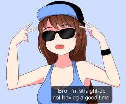 Rule 34 | 1girl, baseball cap, black wristband, blue background, blue tank top, breasts, brown hair, cleavage, commentary, double v, english commentary, english text, glasses, hat, highres, large breasts, long hair, opaque glasses, open mouth, original, simple background, solo, subtitled, sunglasses, talking, tank top, the only shoe, upper body, v, wristband