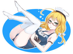 Rule 34 | 10s, 1girl, bad id, bad pixiv id, blonde hair, book, glasses, hat, i-8 (kancolle), kantai collection, looking at viewer, no shoes, one-piece swimsuit, personification, red-framed eyewear, school swimsuit, swimsuit, takaharu, thighhighs, twintails