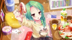 Rule 34 | 1girl, book, bookshelf, bowl, braid, card, chopsticks, collarbone, crab, cup, dot nose, drinking glass, film grain, forehead, from above, game cg, green hair, holding, holding bowl, holding chopsticks, incoming food, indoors, izumi tsubasu, juice, lens flare, long braid, looking at viewer, magazine (object), non-web source, official art, on floor, on pillow, open mouth, orange juice, pillow, playing card, re:stage!, rug, shirokita kuroha, single braid, solo, sparkle, sweater, table, trash can, wooden floor, wooden table, yellow eyes, yellow sweater