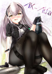 Rule 34 | 1girl, absurdres, ak-alfa (girls&#039; frontline), black gloves, black pantyhose, blush, bottle, character name, drunk, ebiko yaki, english text, girls&#039; frontline, gloves, hair between eyes, hairband, headphones, highres, long hair, looking at viewer, open mouth, pantyhose, saliva, silver hair, simple background, sitting, sitting on lap, sitting on person, solo, tagme, thigh strap, thighs, yellow eyes
