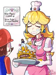 Rule 34 | 1boy, 1girl, absurdres, anniversary, apron, blonde hair, brown hair, cake, crown, crying, dress, earrings, facial hair, food, gloves, hat, highres, holding, jewelry, long hair, looking at another, mag (magdraws), mario, mario (series), mario day, mustache, nintendo, overalls, pink dress, princess peach, standing, super star (mario), super mario 64, tears