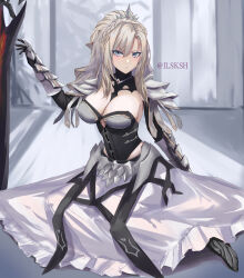 Rule 34 | 1girl, absurdres, braid, breasts, cleavage, crown braid, fate/grand order, fate (series), gauntlets, grey eyes, grey hair, highres, kriemhild (fate), kriemhild (third ascension) (fate), large breasts, long hair, long skirt, mole, mole under eye, planted, planted sword, planted weapon, skirt, sword, twitter username, user vdkm2347, weapon, white skirt