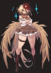 Rule 34 | 1girl, adapted costume, animal, animal on head, bird, bird wings, black background, blonde hair, blush, boots, bow, breasts, brown footwear, buckle, chick, commentary request, cross-laced footwear, crossed arms, detached sleeves, dress, expressionless, feathered wings, fingernails, frilled dress, frills, full body, highres, joker (stjoker), knees, lips, long sleeves, looking at viewer, medium breasts, multicolored hair, nail polish, niwatari kutaka, on head, red bow, red eyes, red hair, red nails, red ribbon, ribbon, sharp fingernails, short hair, simple background, solo, sparkle, thick thighs, thigh strap, thighs, touhou, two-tone hair, vest, white vest, wings, yellow wings