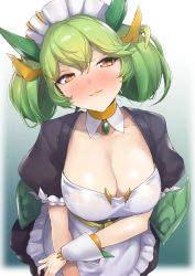 Rule 34 | 1girl, apron, black dress, blush, breasts, cleavage, commentary request, detached collar, dragon girl, dragon horns, dragonmaid (yu-gi-oh!), dress, duel monster, frilled apron, frills, green hair, hair ornament, hair rings, hairclip, highres, horns, large breasts, looking at viewer, maid, maid apron, maid headdress, nose blush, nukkoru, orange eyes, parlor dragonmaid, puffy short sleeves, puffy sleeves, short hair, short sleeves, solo, twintails, white apron, wrist cuffs, yu-gi-oh!