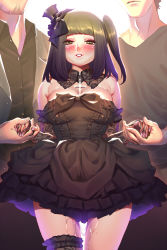 Rule 34 | 1girl, 2boys, black dress, blush, breasts, brown hair, cowboy shot, cross, detached collar, dress, elbow gloves, fishnet gloves, fishnets, frills, gloves, gothic lolita, green eyes, hat, head out of frame, highres, holding hands, large breasts, light, lolita fashion, mini hat, mini top hat, mole, mole on nose, mole on thigh, multiple boys, nail polish, original, parted lips, pussy juice, side ponytail, single thighhigh, smile, smoke (flyx21), thighhighs, top hat