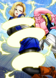 Rule 34 | 1girl, android 18, blonde hair, boots, breasts, dragon ball, highres, hmdark-9, majin buu, open mouth