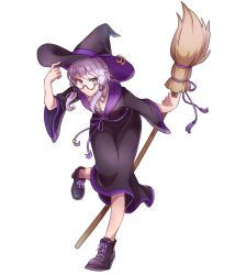 Rule 34 | 1girl, alternate costume, bespectacled, black footwear, black hat, black robe, boots, broom, collared shirt, commentary request, floating hair, full body, glasses, hand on headwear, hand up, hat, high heel boots, high heels, highres, holding, holding broom, hood, hood down, hooded robe, leaning forward, looking at viewer, looking over eyewear, outstretched arm, parted lips, purple eyes, purple hair, purple trim, robe, semi-rimless eyewear, shirt, short hair with long locks, solo, standing, standing on one leg, tokono touhi, transparent background, vocaloid, voiceroid, white shirt, wide sleeves, witch, witch hat, yuzuki yukari
