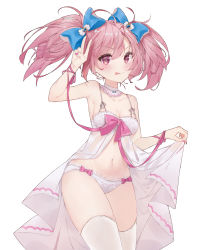 Rule 34 | absurdres, bow, bow panties, head ornament, highres, jewelry, necklace, panties, pink eyes, pink hair, ribbon, thighhighs, tongue, tongue out, underwear, white background