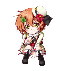 Rule 34 | 10s, 1girl, ascot, between legs, boots, brown hair, chibi, clover hair ornament, earrings, flower, frilled shirt collar, frills, green eyes, hair ornament, hand between legs, hat, hat flower, hat ribbon, highres, hoshizora rin, jewelry, kuena, looking at viewer, love live!, love live! school idol festival, love live! school idol project, mini hat, mini top hat, orange hair, pointing, pointing at viewer, ribbon, short hair, simple background, smile, solo, squatting, top hat, white background