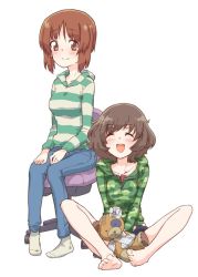 Rule 34 | 2girls, :d, akiyama yukari, bandages, bandaid, barefoot, blue hair, blue pants, blue shorts, boko (girls und panzer), brown eyes, brown hair, camouflage, camouflage shirt, casual, chair, closed eyes, closed mouth, commentary request, denim, girls und panzer, green shirt, grey legwear, hands on lap, holding, holding stuffed toy, hood, hoodie, jeans, light blue hair, long sleeves, looking at viewer, messy hair, monolith (suibou souko), multiple girls, nishizumi miho, no shoes, office chair, on ground, open mouth, pants, shirt, short hair, shorts, simple background, sitting, smile, socks, striped clothes, striped hoodie, striped shirt, stuffed animal, stuffed toy, swivel chair, teddy bear, white background, zipper