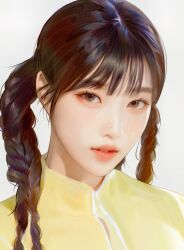 Rule 34 | 1girl, absurdres, braid, brown eyes, grey background, hair behind ear, highres, joy (red velvet), k-pop, long hair, looking at viewer, mole, mole on nose, nagamerin, parted lips, pink lips, portrait, real life, realistic, red velvet (group), shirt, solo, twin braids, yellow shirt