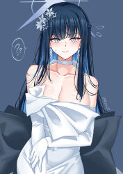 Rule 34 | 1girl, ?, absurdres, black hair, blue archive, blue eyes, blue hair, blue halo, blush, breasts, choker, cleavage, closed mouth, collarbone, colored inner hair, dress, elbow gloves, flying sweatdrops, gloves, halo, highres, large breasts, long hair, looking at viewer, multicolored hair, official alternate costume, rynn (darknescorez), saori (blue archive), saori (dress) (blue archive), smile, solo, spoken question mark, upper body, white choker, white dress, white gloves