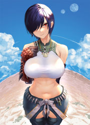 Rule 34 | 1girl, bare shoulders, blue sky, blush, breasts, cleavage, cloud, covered erect nipples, curvy, elbow gloves, gauntlets, gingami (giluziru), gloves, groin, hair over one eye, highres, large breasts, looking at viewer, monster hunter (series), monster hunter rise, moon, navel, original, purple hair, red eyes, see-through, shirt, short hair, shorts, sky, smile, solo, thighhighs, wide hips