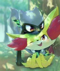 Rule 34 | 1boy, animal ear fluff, animal ears, bandana, black fur, blue fur, blush, body fur, child, closed mouth, creatures (company), dappled sunlight, day, fang, fennekin, forest, fox heart, full body, game freak, gen 4 pokemon, gen 6 pokemon, grass, green neckwear, happy, highres, jpeg artifacts, leaning forward, light blush, looking at another, looking up, male focus, nature, nintendo, one eye closed, open mouth, outdoors, pokemon, pokemon (creature), pokemon mystery dungeon, red eyes, riolu, sitting, smile, standing, sunlight, tail, tree, two-tone fur, wolf boy, wolf tail