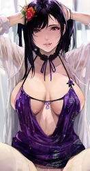 Rule 34 | 1girl, bare shoulders, black hair, breasts, collarbone, dress, final fantasy, final fantasy vii, final fantasy vii remake, hair ornament, highres, jewelry, lace, lace-trimmed legwear, lace-trimmed panties, lace trim, large breasts, lingerie, long hair, low neckline, negligee, panties, parted lips, red eyes, revealing clothes, see-through, smile, solo, tifa lockhart, underwear, white negligee, white panties, yamaishi (mukoubuti)