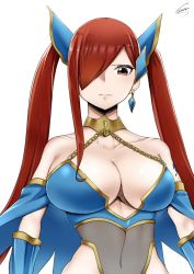 Rule 34 | 1girl, bare shoulders, breasts, brown eyes, cleavage, collarbone, earrings, erza scarlet, fairy tail, hair ornament, hair over one eye, jewelry, large breasts, long hair, red hair, solo, twintails