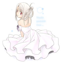 Rule 34 | 00s, 1girl, bare shoulders, blonde hair, dress, fate/stay night, fate (series), from behind, illyasviel von einzbern, kannuki hisui, looking at viewer, looking back, red eyes, simple background, sitting, solo, white background, white dress