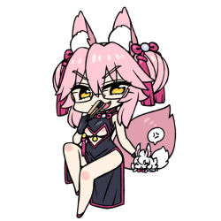 Rule 34 | 1girl, :d, animal ear fluff, animal ears, black dress, chan co, chibi, commentary request, dress, fang, fate/grand order, fate (series), fox ears, fox tail, full body, glasses, grin, hair ribbon, invisible chair, koyanskaya (fate), looking at viewer, open mouth, pelvic curtain, pink footwear, pink hair, pink ribbon, ribbon, semi-rimless eyewear, shoes, sitting, smile, solo, tail, tamamo (fate), tassel, twintails, under-rim eyewear, yellow eyes
