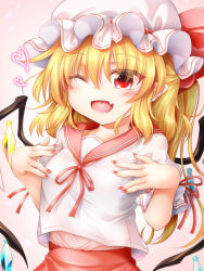 Rule 34 | 1girl, flandre scarlet, hand on own chest, hands up, hat, marukyuu ameya, multicolored wings, nail polish, one eye closed, open mouth, pink background, pink nails, pink ribbon, pink skirt, red ribbon, ribbon, sailor collar, skirt, smile, solo, touhou, white hat, wings