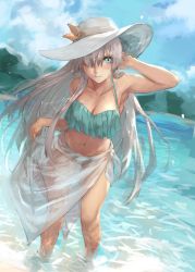 Rule 34 | 1girl, anastasia (fate), anastasia (swimsuit archer) (fate), anastasia nikolaevna romanova, bare shoulders, bikini, blue eyes, breasts, cleavage, cloud, cloudy sky, commentary request, day, dutch angle, fate/grand order, fate (series), grey hair, hair between eyes, hat, hat ribbon, highres, large breasts, long hair, looking at viewer, mountain, peperon (peperou), ribbon, sarong, see-through sarong, shallow water, sidelocks, sky, smile, solo, sun hat, swimsuit, very long hair, water