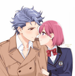 Rule 34 | 1boy, 1girl, artist name, blue jacket, blush, bob cut, bow, bowtie, brown coat, buttons, coat, collared shirt, dated, double-breasted, grey hair, habataki academy school uniform, hair between eyes, holding another&#039;s arm, jacket, krudears, pink hair, protagonist (tokimemo gs3), purple eyes, red bow, red bowtie, red eyes, school uniform, shirt, shitara seiji, short hair, smile, tokimeki memorial, tokimeki memorial girl&#039;s side 3rd story, upper body, wavy hair, white background, white shirt