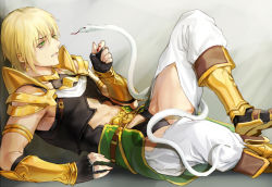 Rule 34 | 1boy, abs cutout, armor, bad id, bad pixiv id, blonde hair, blood, blood on hands, changye, clothing cutout, fate/grand order, fate (series), fingerless gloves, gloves, green eyes, jason (fate), male focus, midriff, shoulder armor, snake, solo, thigh cutout, vambraces