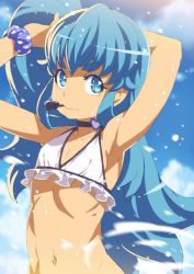 Rule 34 | 1girl, armpits, bad id, bad twitter id, bikini, blue hair, blue sky, choker, closed mouth, cure princess, day, flat chest, hands up, happinesscharge precure!, heart, heart choker, long hair, looking at viewer, mouth hold, navel, one side up, outdoors, precure, shirayuki hime, sky, solo, swimsuit, tasaka shinnosuke, thick eyebrows, tying hair, upper body, white bikini