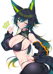 Rule 34 | 1girl, ;), absurdres, amagami shinia, animal ears, bikini, bikini top only, black bikini, blush, breasts, detached sleeves, fingernails, gradient hair, green eyes, green hair, green nails, hand on own hip, highres, ichi-jirushi, indie virtual youtuber, large breasts, looking at viewer, low twintails, multicolored hair, nail polish, one eye closed, smile, solo, swimsuit, tail, thumbs up, twintails, virtual youtuber