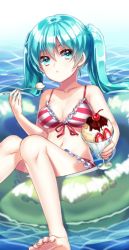 Rule 34 | 1girl, barefoot, bikini, blue eyes, blue hair, breasts, cherry, chocolate, cleavage, cup, food, frilled bikini, frills, fruit, hatsune miku, holding, ice cream, innertube, k (shinya90), knees together feet apart, long hair, matching hair/eyes, navel, open mouth, pink ribbon, ribbon, sitting, solo, spoon, strawberry, striped bikini, striped clothes, swim ring, swimsuit, twintails, vocaloid, water